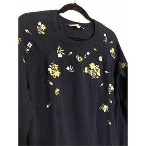 LOFT floral embroidered navy sweater sz M 100% cotton pansy Cottagecore natural
